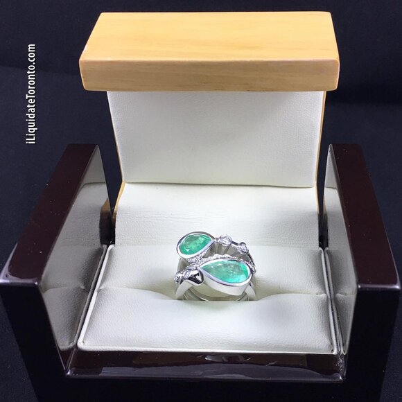 **BRAND NEW** Green Colombian Emerald and Diamond Bubble Ring in 14K White Gold - Picture 7 of 16